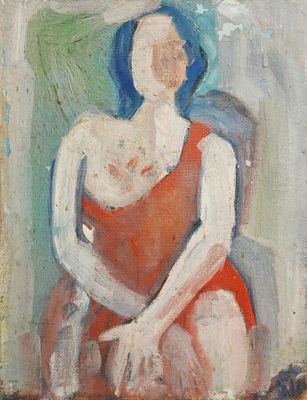 une peinture à l'huile représentant une femme en robe rouge assise sur une chaise