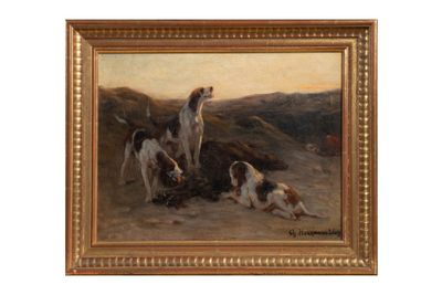 une image représentant un tableau où l'on voit trois chiens dans un paysage