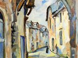 an oil painting of a street scene with a person walking through an archway
