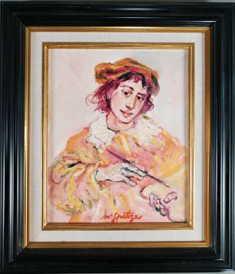 tableau représentant une femme coiffée d'un chapeau, tenant un couteau et une fourchette