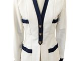 a picture of a white jacket with blue trimmings