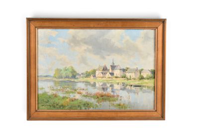 un tableau représentant un paysage fluvial avec un château au loin