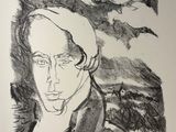 a drawing of a man with birds in the background