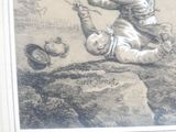 a drawing of a man kneeling on a rock holding a bird