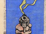 painting of a hand holding a gun with a cigarette sticking out of it