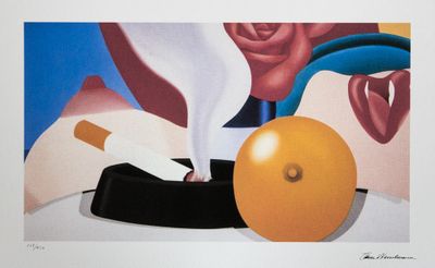une image représentant un tableau sur lequel figurent une orange et une cigarette posées sur une table
