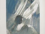painting of a woman sitting in a bed with a white sheet