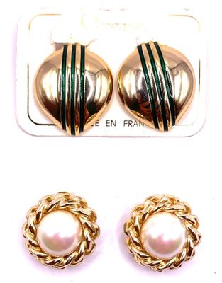 two pairs of gold tone earrings with green and white stripes