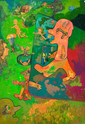 a painting of a man holding a cell phone in his hand