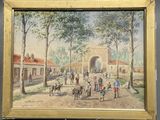painting of a village scene with a horse drawn carriage in the foreground and people walking in the foreground