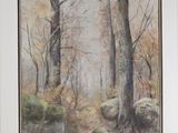 un tableau représentant une scène de forêt avec des rochers et des arbres