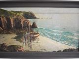 a painting of a man standing on a boat on the beach