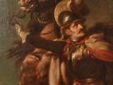 a painting of a man riding a horse with a horse in the background