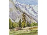a watercolor painting of a mountain scene with trees in the foreground
