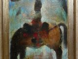 une peinture à l'huile représentant un homme à cheval sur un fond bleu