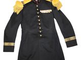 a black military coat with gold trims and buttons