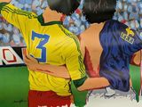 a poster of two soccer players on the field
