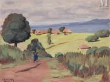 une peinture à l'huile représentant une personne marchant sur un chemin de terre