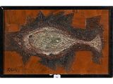 tableau représentant un poisson sur fond orange, avec un cadre noir