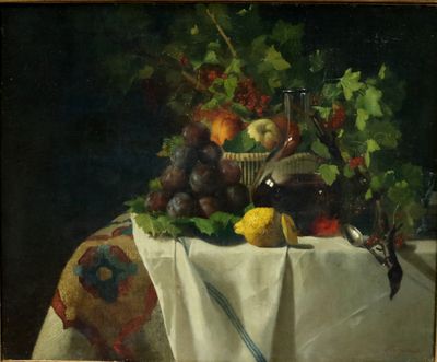 tableau représentant une nature morte avec des fruits posés sur une table, accompagnés d'un couteau