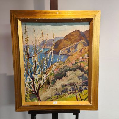une peinture à l'huile représentant un tableau représentant un paysage avec des montagnes en arrière-plan
