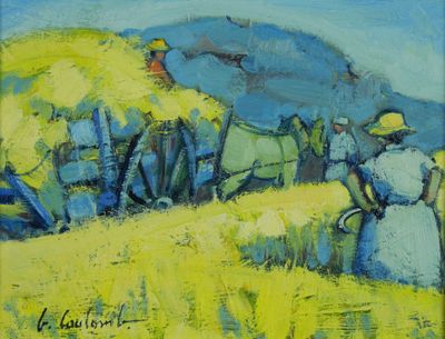 Georges COULOMB (1947-2022). Paysans. Huile sur toile. Signé…