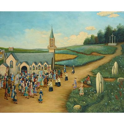 a painting of a group of people outside of a church
