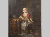 un vieux tableau représentant une femme jouant du luth et un chien