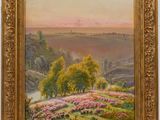 a painting of a landscape with flowers and trees in the foreground