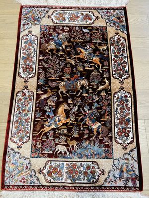 Tapis Iran dessins de chasse fond rouge bordeaux 120 x 0/80