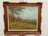 un tableau représentant un homme à cheval, avec un groupe de chiens au premier plan