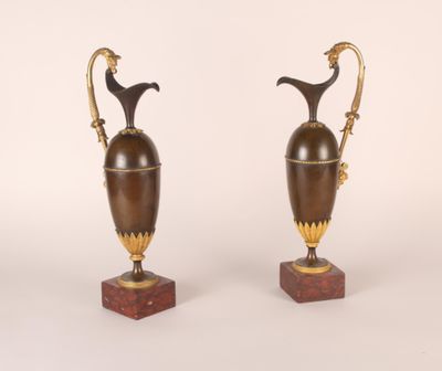 pair of antique brass and marble vases on stands