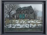 painting of an old house in a field with snow on the ground