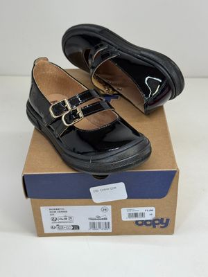 black school shoes with gold buckles on top of a cardboard box