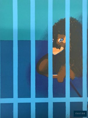 un tableau représentant un lion en cage accroché au mur