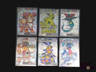 four different pokemon cards are shown in a row on a black background