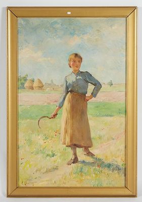 une peinture à l'huile représentant une femme tenant une raquette de tennis dans un champ