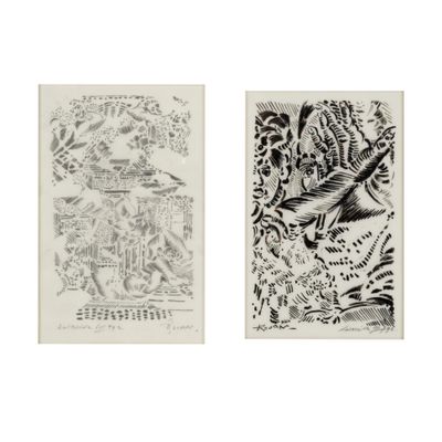 deux dessins en noir et blanc représentant des oiseaux et des plantes, sur papier