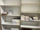 many books on the shelves in the room