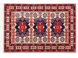 a red, blue and white rug with geometric design