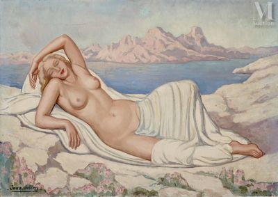 an image of a painting of a nude woman laying on a rock