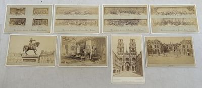several old postcards of buildings and a statue of a man on a horse