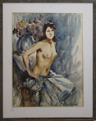 aquarelle encadrée représentant une femme nue avec des fleurs dans un vase