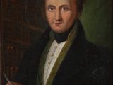a painting of a man in a black coat holding a pen and paper