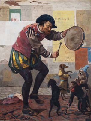 a painting of a man playing with dogs in a room
