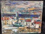 une peinture à l'huile représentant un paysage urbain sur fond noir