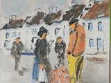 une peinture représentant un groupe de personnes marchant dans la rue
