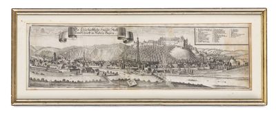 un vieux dessin représentant une vue d'une ville avec une rivière au premier plan