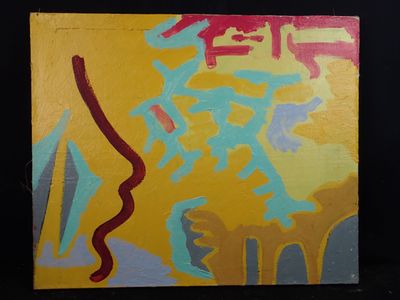 tableau représentant une peinture abstraite jaune et rouge sur fond noir