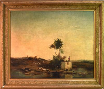 une image représentant un tableau représentant un paysage désertique avec une maison et des palmiers